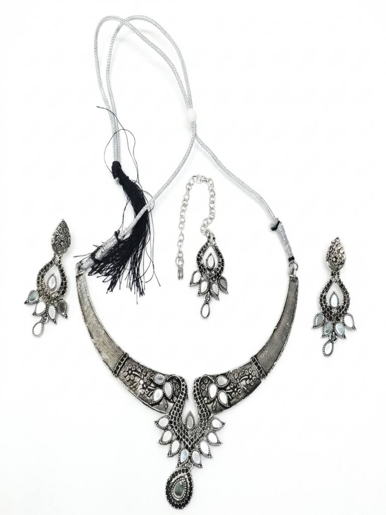 Oxidized Alloy Metal Statement Necklace Set With Matching Earrings With Maang Tikha Handcrafted Fashion Jewelry W : SHBOMNS315