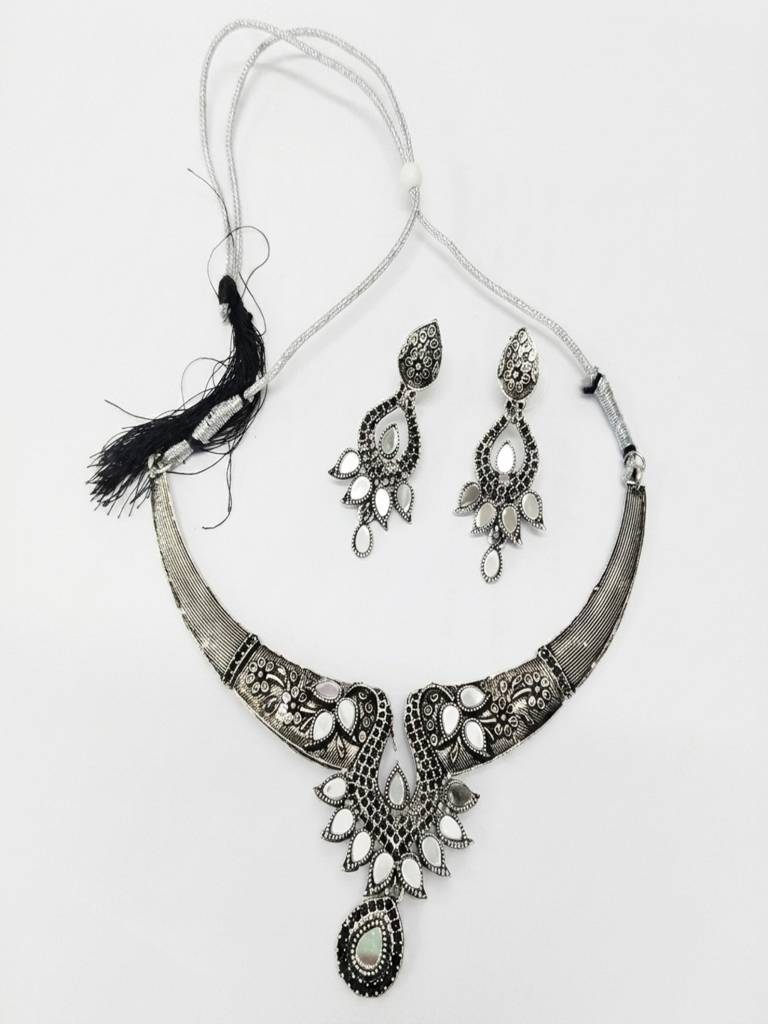 Oxidized Alloy Metal Statement Necklace Set With Matching Earrings With Maang Tikha Handcrafted Fashion Jewelry W : SHBOMNS315