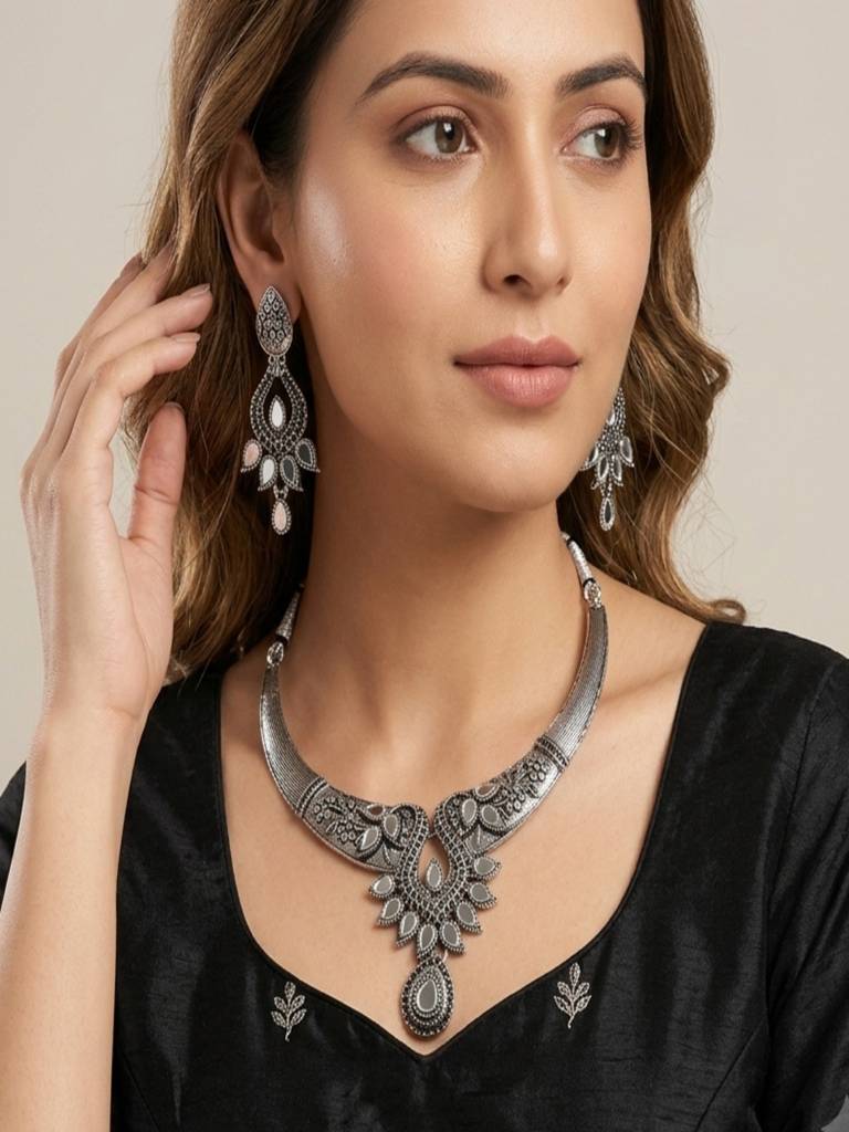 Oxidized Alloy Metal Statement Necklace Set With Matching Earrings With Maang Tikha Handcrafted Fashion Jewelry W : SHBOMNS315