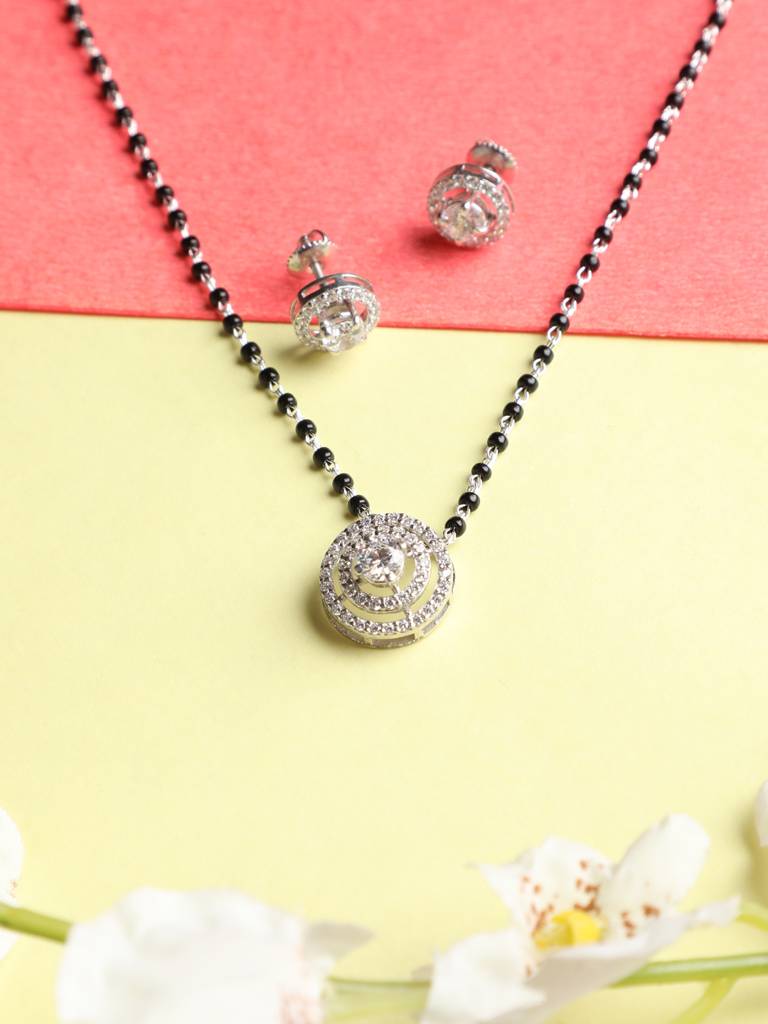 925 Sterling Silver Halo Mangalsutra Tanmaniya Pendant Earring Jewellery Set With Chain Gift For Women And Girls : CSWZMP61ME61