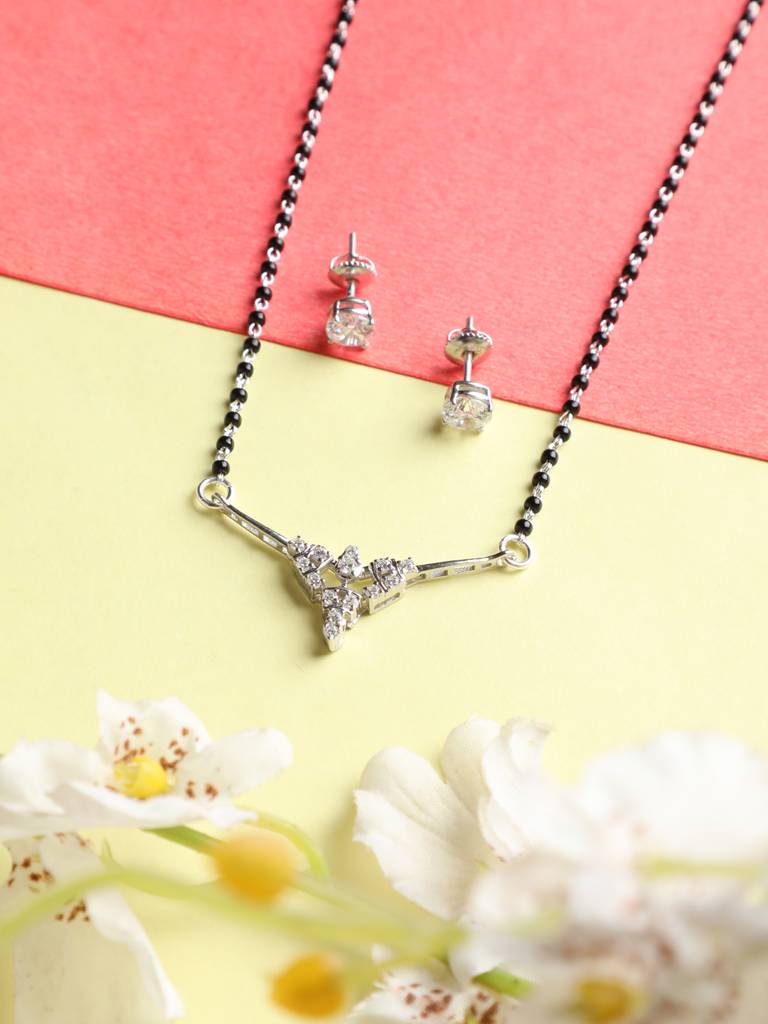 925 Sterling Silver Alice Mangalsutra Tanmaniya Pendant Earring Jewellery Set With Chain Gift For Women And Girls : CSWZMP65ME51