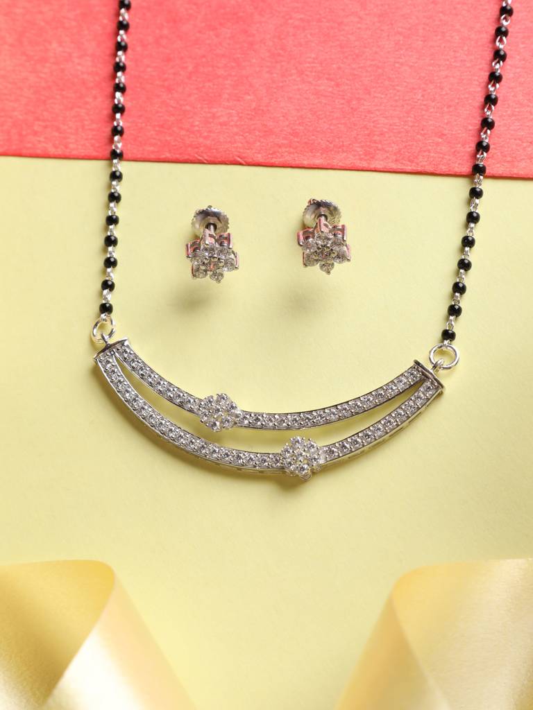 925 Sterling Silver Ava Mangalsutra Tanmaniya Pendant Earring Jewellery Set With Chain Gift For Women And Girls : CSWZMP56ME52