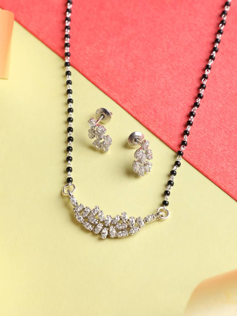 925 Sterling Silver Daisy Mangalsutra Tanmaniya Pendant Earring Jewellery Set With Chain Gift For Women And Girls : CSWZMP75ME75