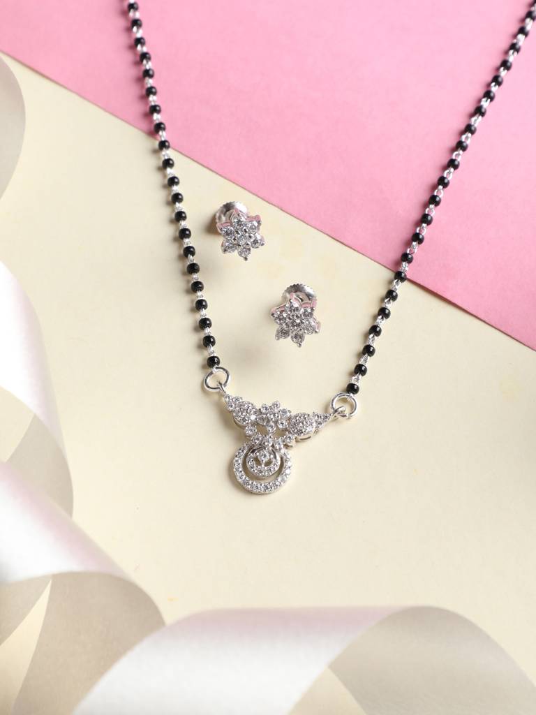 925 Sterling Silver Aria Mangalsutra Tanmaniya Pendant Earring Jewellery Set With Chain Gift For Women And Girls : CSWZMP63ME52