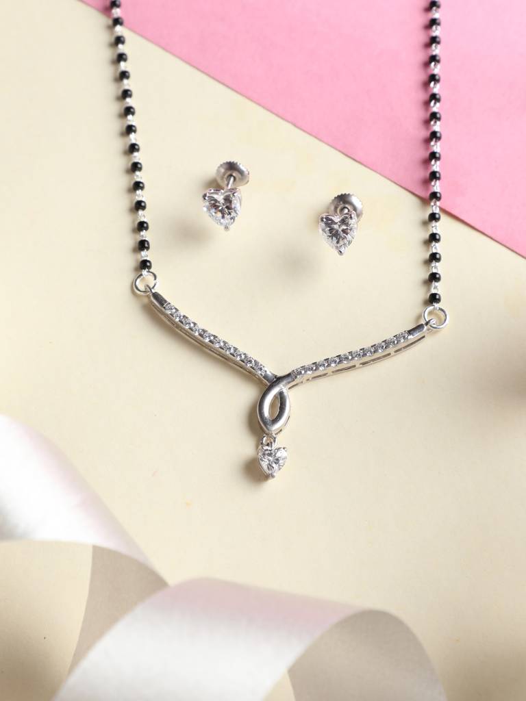 925 Sterling Silver Mila Mangalsutra Tanmaniya Pendant Earring Jewellery Set With Chain Gift For Women And Girls : CSWZMP64ME64