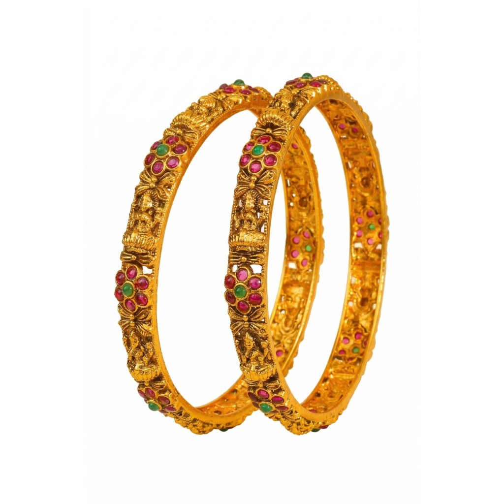 Antique Lakshmi Kemp Ruby Emerald Paired Bangle | 1 Gram Gold-Plated : V-2483