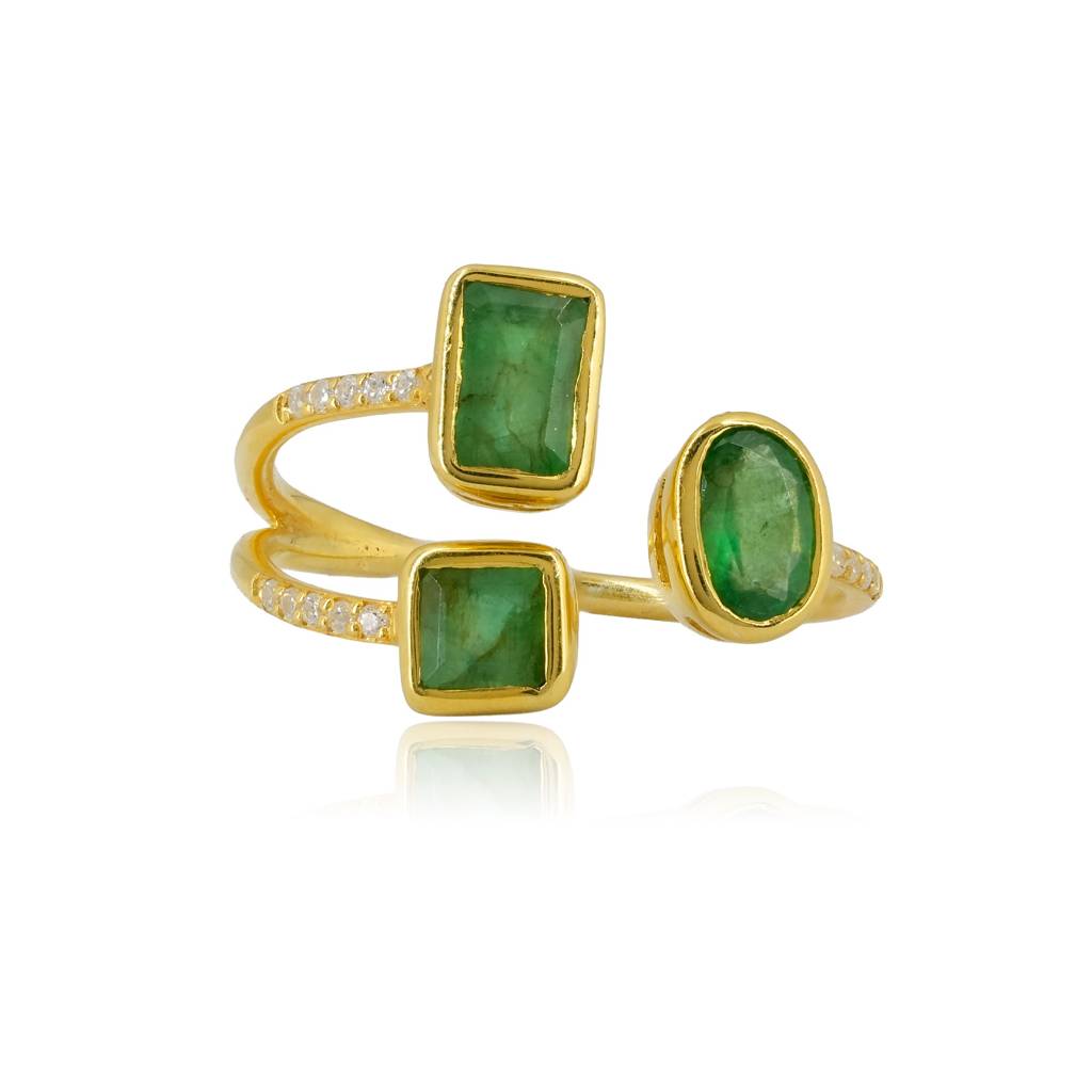 Triple Emerald Adjustable Ring With Cz Detailing In 18K Gold-Plated 925 Silver : RG0004