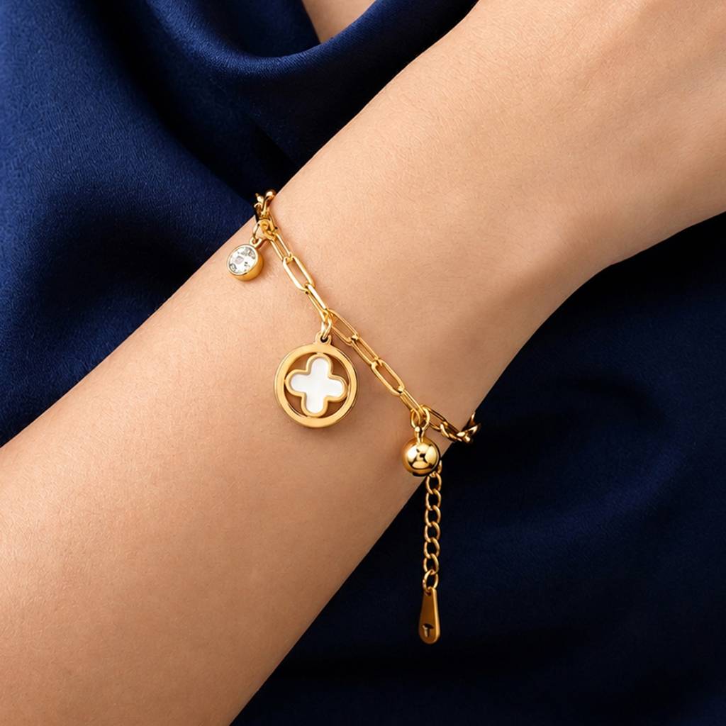 White Clover Crystal Drop Chain Anti-Tarnish Bracelet For Women : JW-HSPS60MB2036