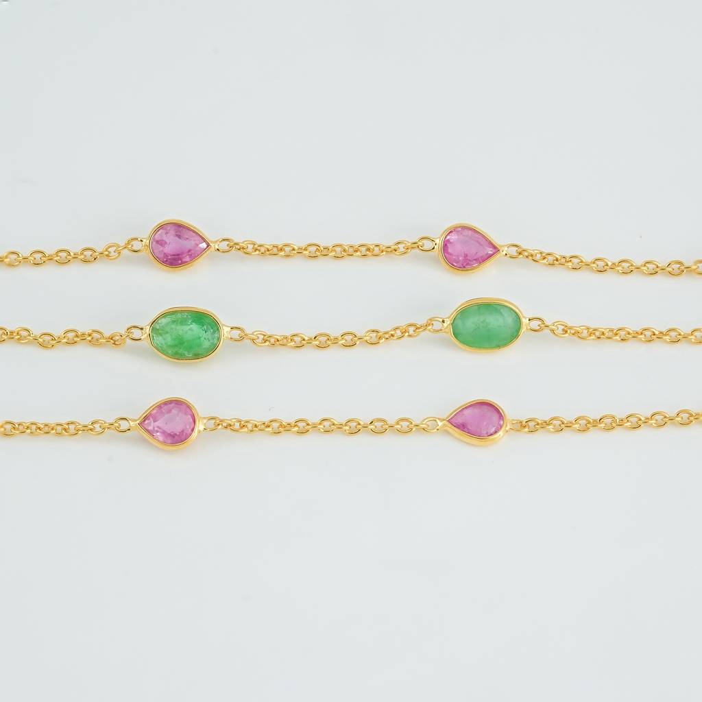 The Royal Trinity Layered Bracelet - Ruby Emerald Three Layer Natural Gemstone 18Kt Gold Plated Sterling Silver : BR0001