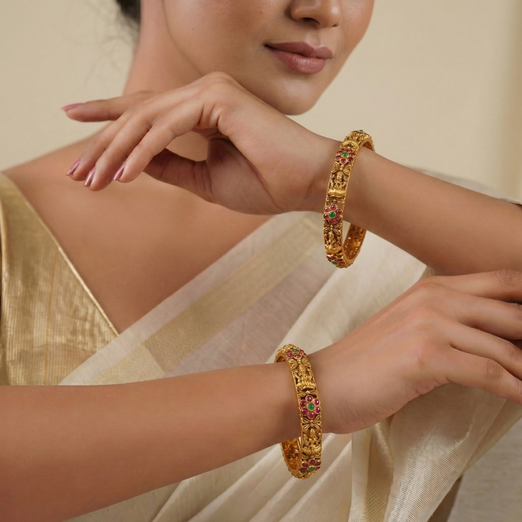 Antique Lakshmi Kemp Ruby Emerald Paired Bangle | 1 Gram Gold-Plated : V-2483
