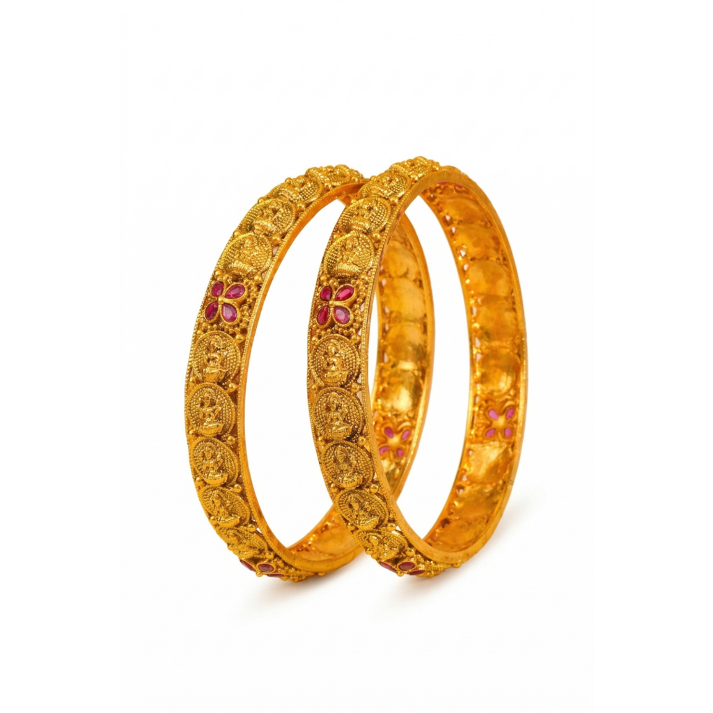 Antique Lakshmi Ruby Temple Paired Bangle Set | 1 Gram Gold-Plated : B-6