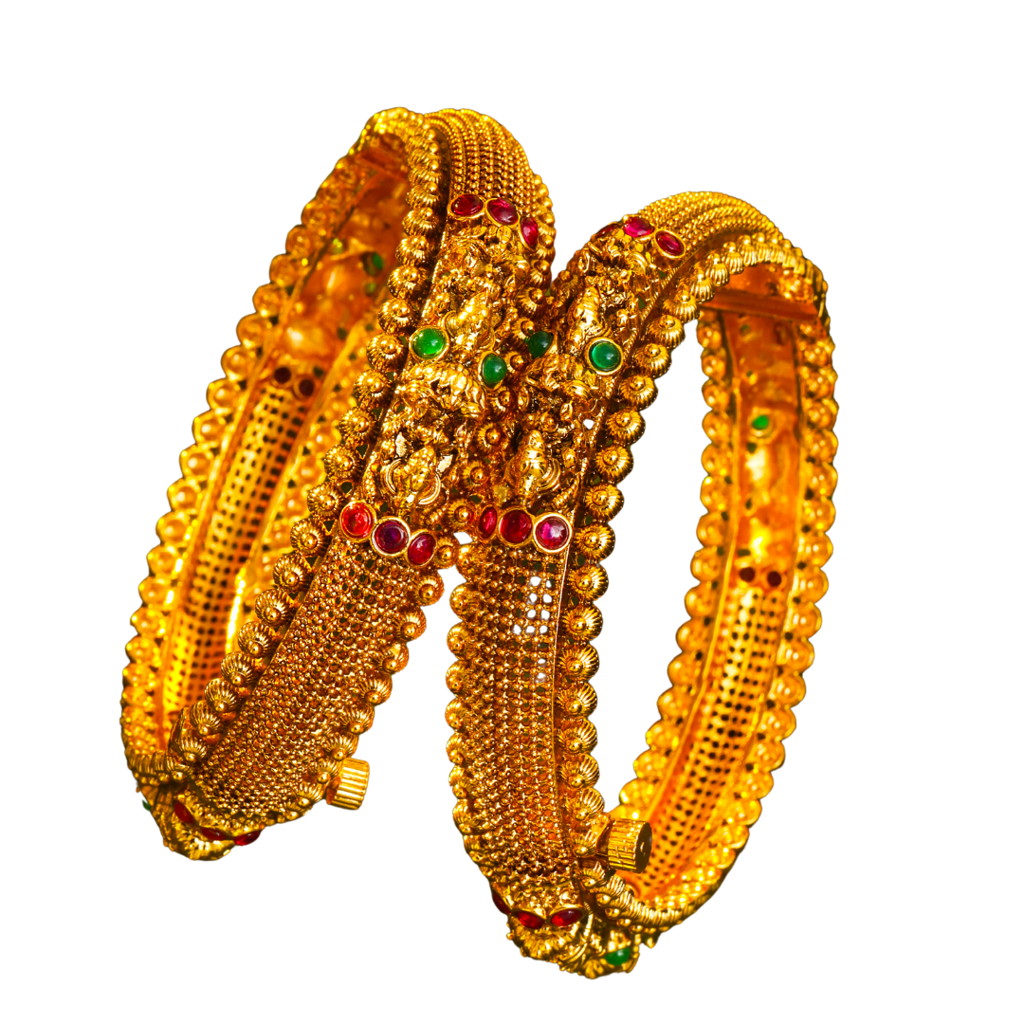 Antique Lakshmi Ruby Dome Temple Paired Bangle Set | 1 Gram Gold-Plated : V-2389