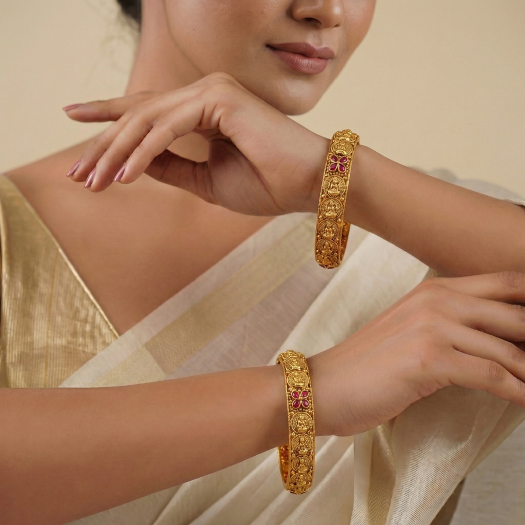 Antique Lakshmi Ruby Temple Paired Bangle Set | 1 Gram Gold-Plated : B-6