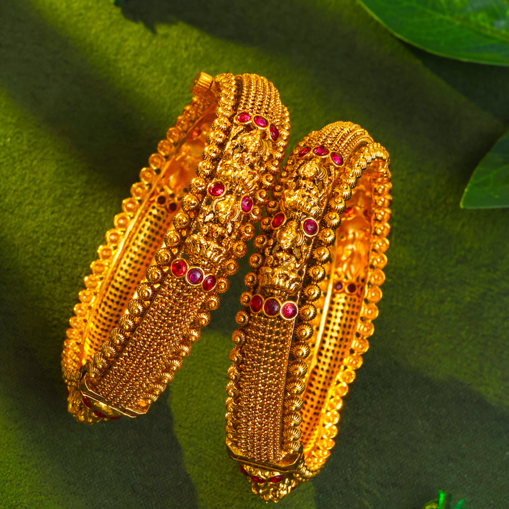 Antique Lakshmi Ruby Dome Temple Paired Bangle Set | 1 Gram Gold-Plated : V-2389