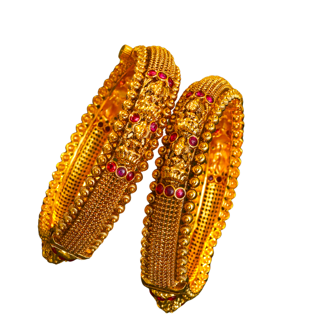 Antique Lakshmi Ruby Dome Temple Paired Bangle Set | 1 Gram Gold-Plated : V-2389