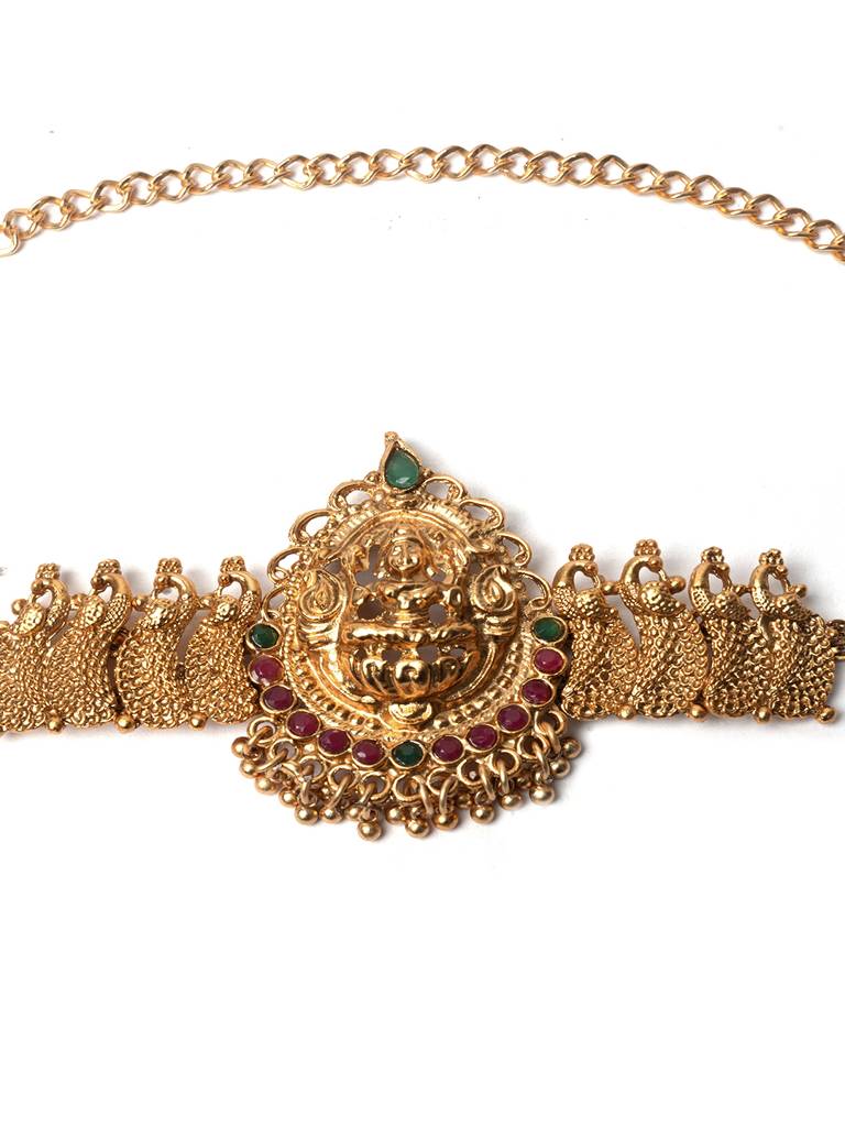 Gold-Plated Stones-Studded Beaded Temple Jewellery Set : SATJS241
