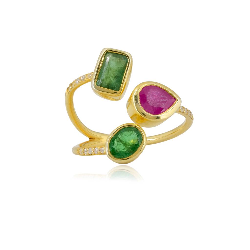 Emerald & Ruby Trio Adjustable Ring With Cz Detailing In 18K Gold-Plated 925 Silver : RG0008