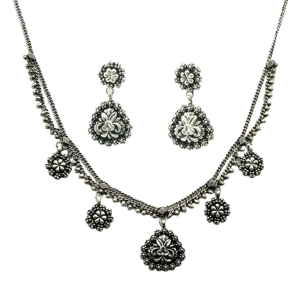 925 Pure Silver Antique Necklace Earrings Set Oxidized Silver