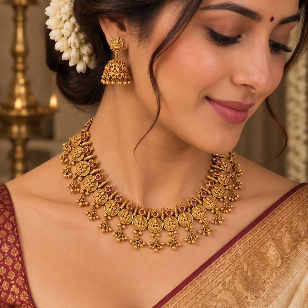 1 Gram Gold Plated Temple Jewellery Set | Two Row Coin Medallion Necklace : K-1853