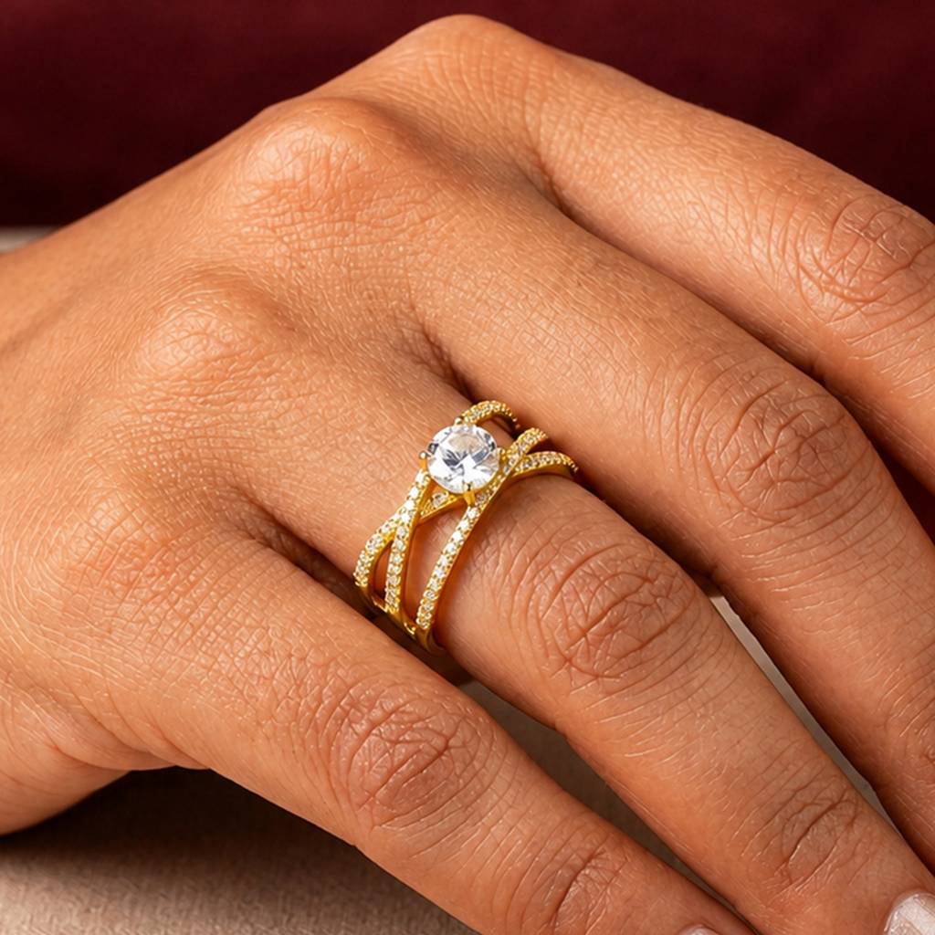 Criss-Cross Diamond Gold Anti-Tarnish Ring For Women : HSPS60MB1871