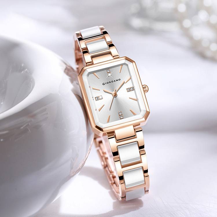 Giordano Classic Rectangular Dial Watch For Women With Crystal Markers And Dual Tone Stainless Steel Strap : GZ-60101-33