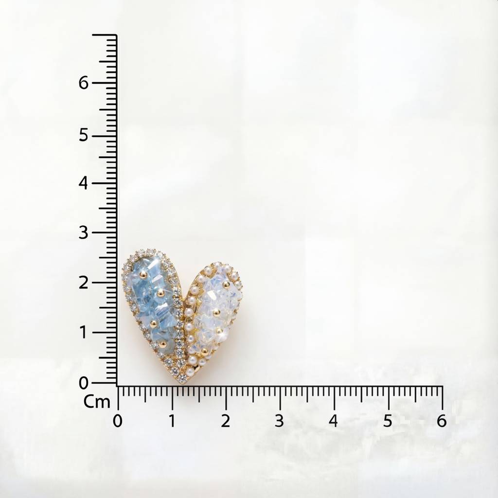 Korean Azure & Frost Jeweled Split-Heart Brooch : YUFSBH002