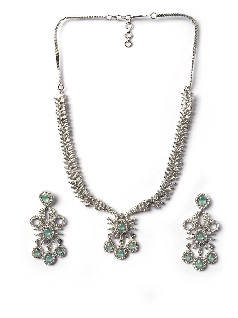 Princess Style Flower Ad Necklace Set With Long Earrings Set For Women/Girls - Wedding Jewelry/Party & Festival Ac : AD137MINT