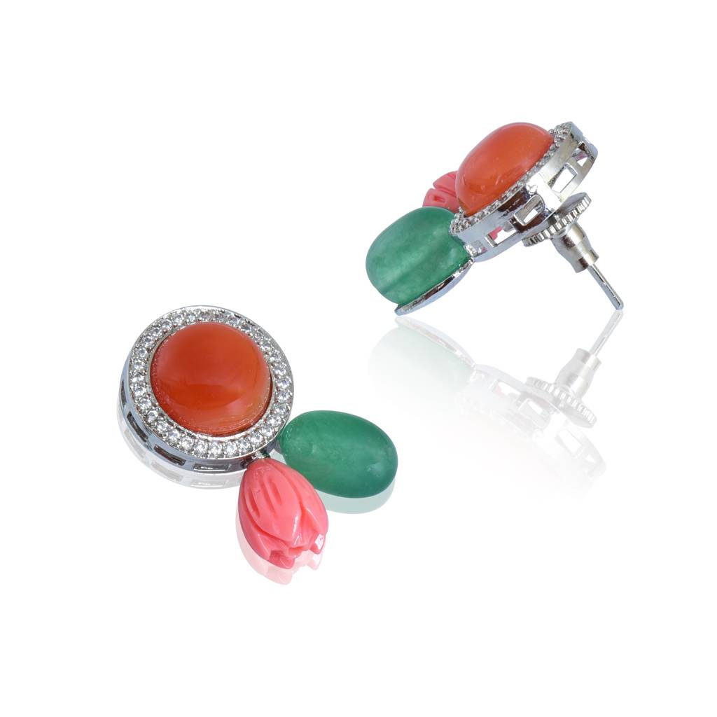 Red Onyx With Coral And Green Tumble Stud Earrings : IE935