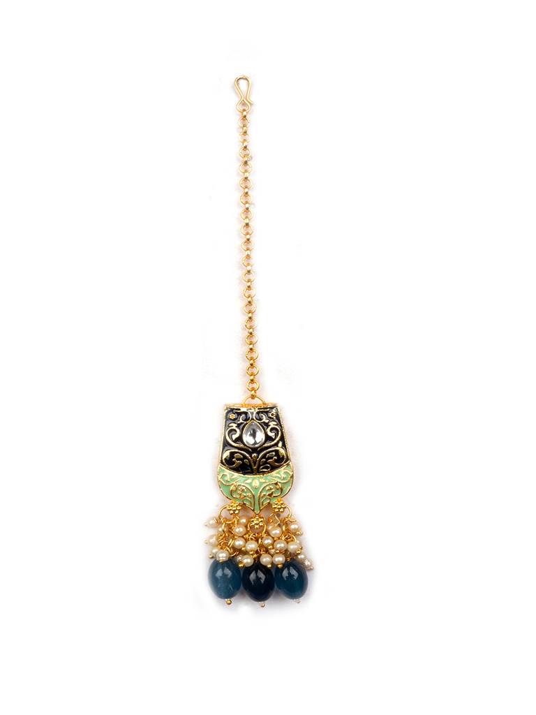 Dual Colour Kundan Meenakari Necklace Set With Earrings And Maangtika : Kundan08Blue