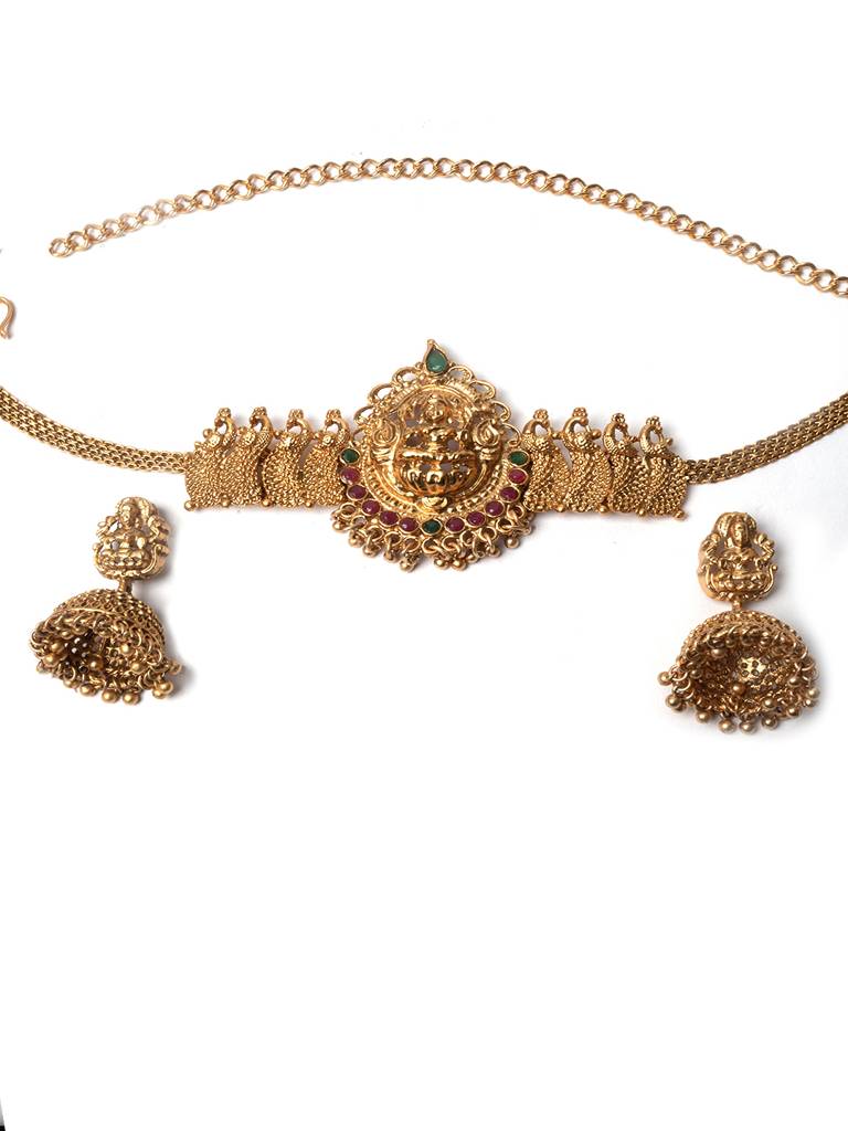 Gold-Plated Stones-Studded Beaded Temple Jewellery Set : SATJS241