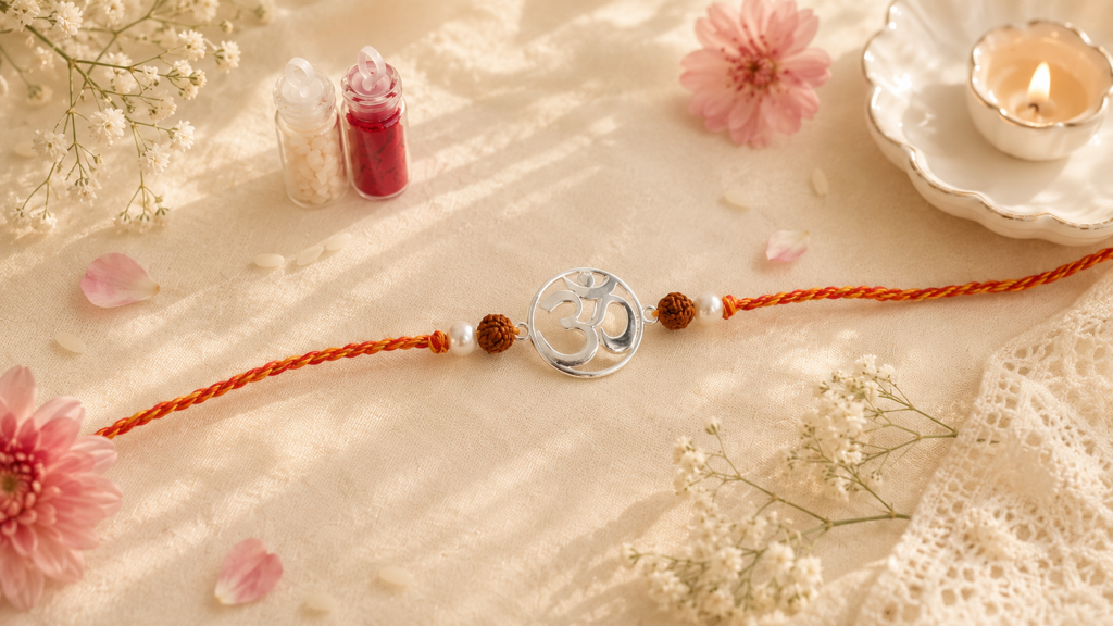 Eternz Certified Jewellery - SILVER STELLA 925 Sterling Silver Om Rudraksh Pearl Rakhi