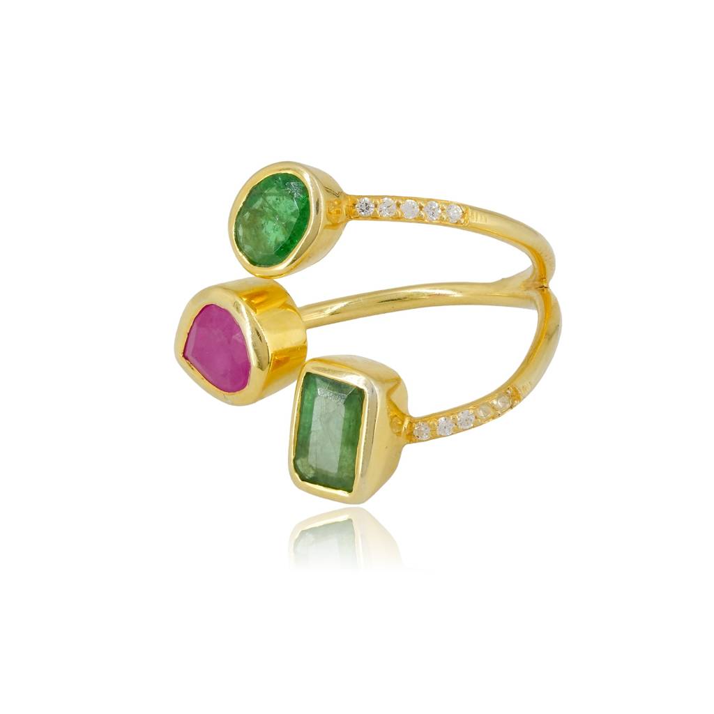 Emerald & Ruby Trio Adjustable Ring With Cz Detailing In 18K Gold-Plated 925 Silver : RG0008