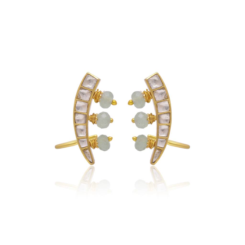 925 Sterling Silver Traditional Ear Cuffs With Crystal Polki-3757 : 3757
