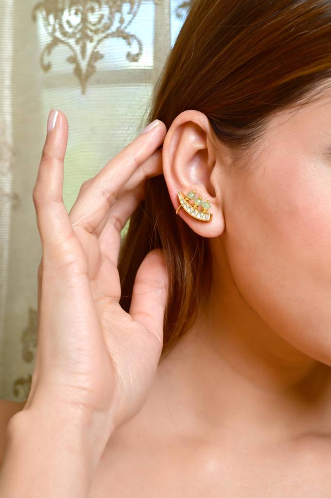 925 Sterling Silver Traditional Ear Cuffs With Crystal Polki-3757 : 3757