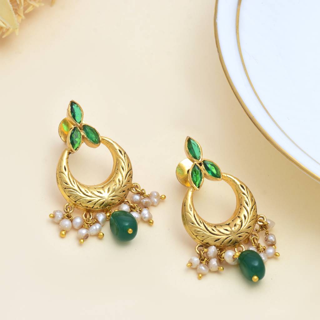 Small Chand Bali Earring With Green Cz : 3463