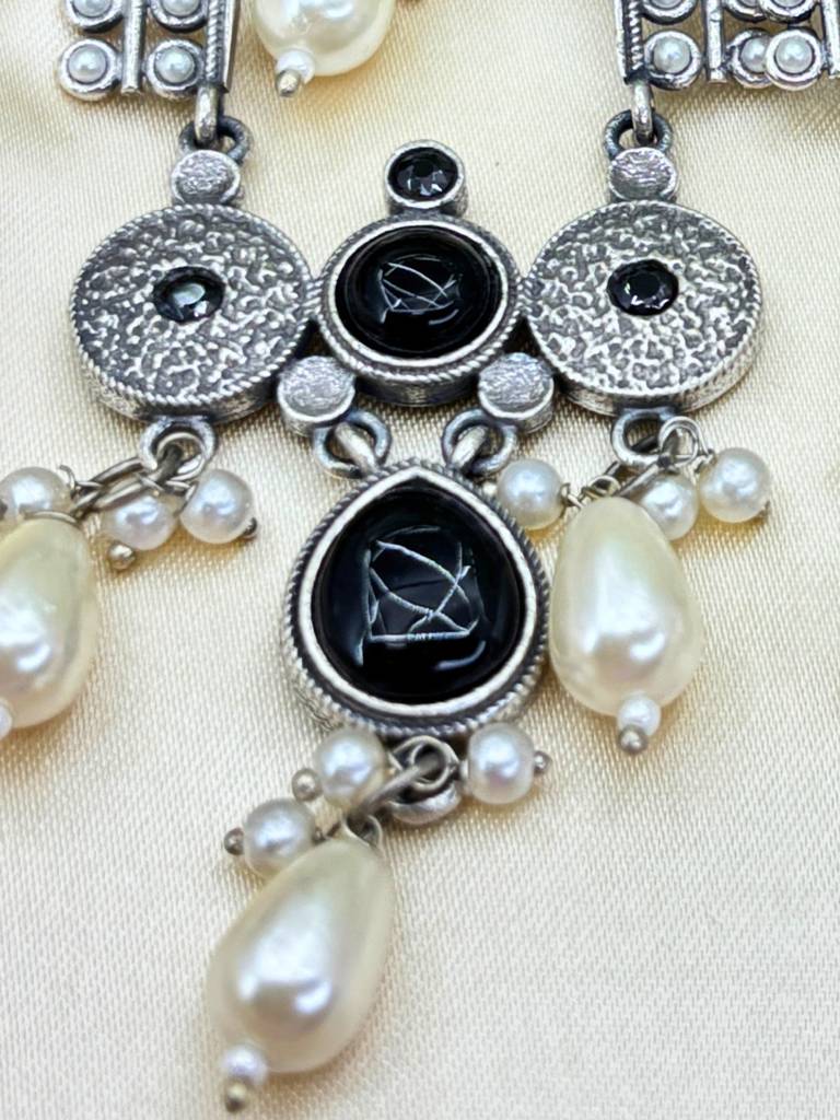 Silver Plated Oxidised Stone & Pearl Embellished Statement Chandbali Earrings : VI26EROX100337