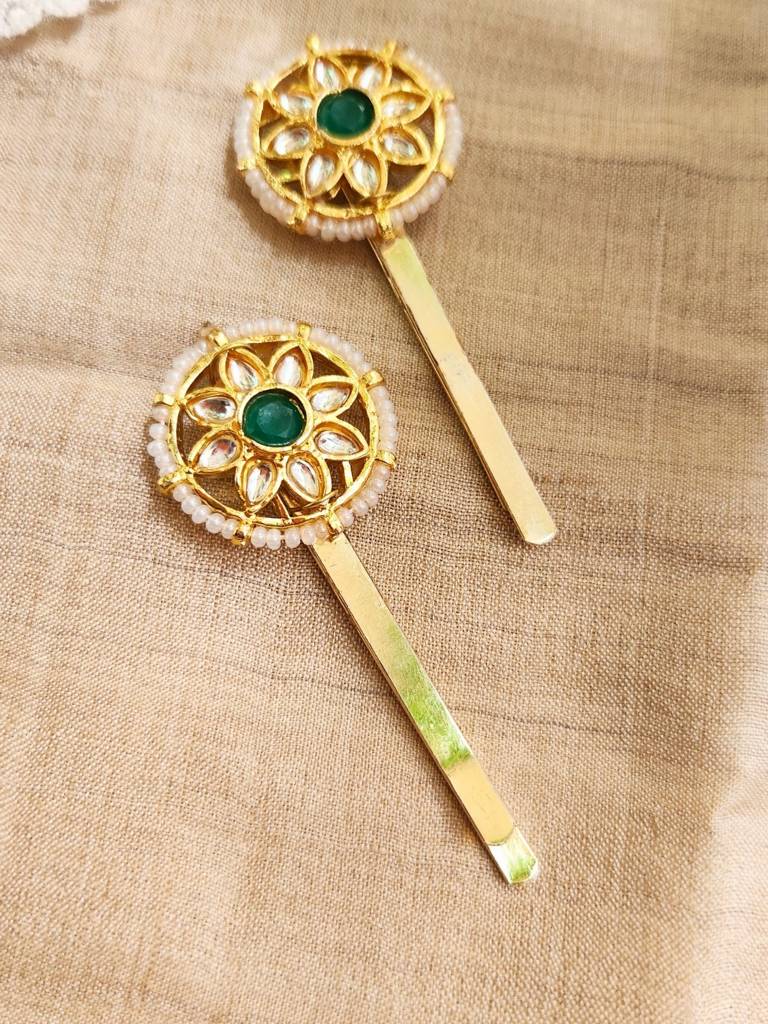 Viana Jewels Kundan Green Hair Pins ( Set Of 2) : BA48