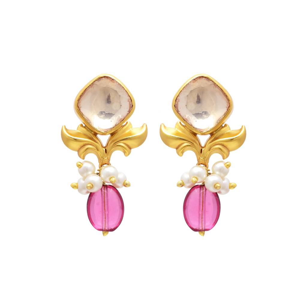 Moissanite Polki Stud With Beautiful Hanging Semi Precious Dropes For Women : 3513