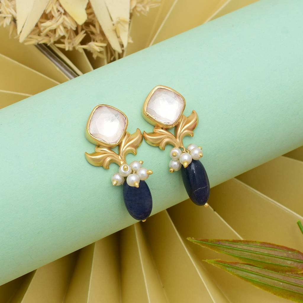 Moissanite Polki Stud With Beautiful Hanging Semi Precious Dropes : 3516