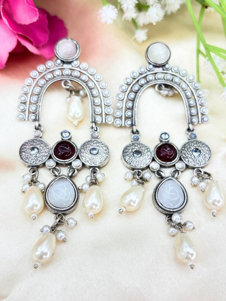 Silver Plated Oxidised Stone & Pearl Embellished Statement Chandbali Earrings : VI26EROX100338