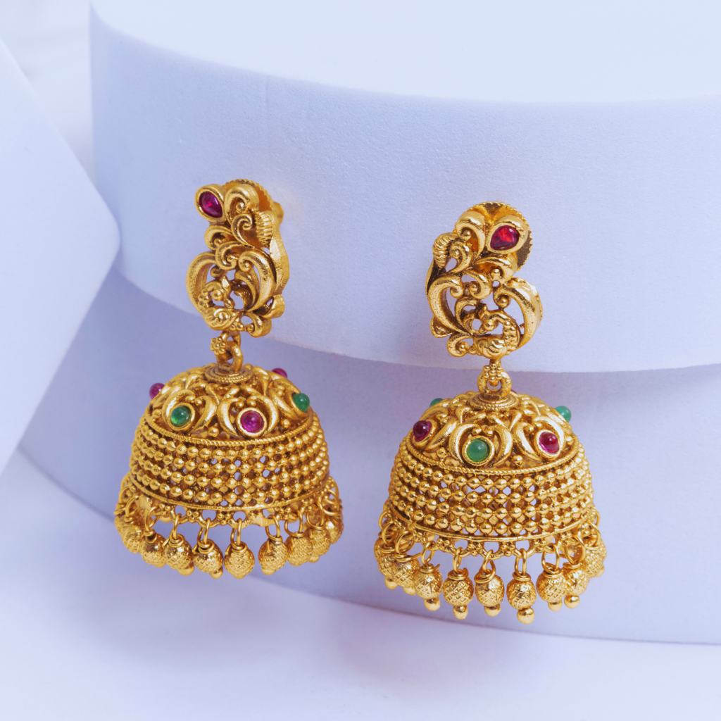 South Indian Temple Jewellery Antique Gold Jhumka Earrings With Ruby Stones : R-1162