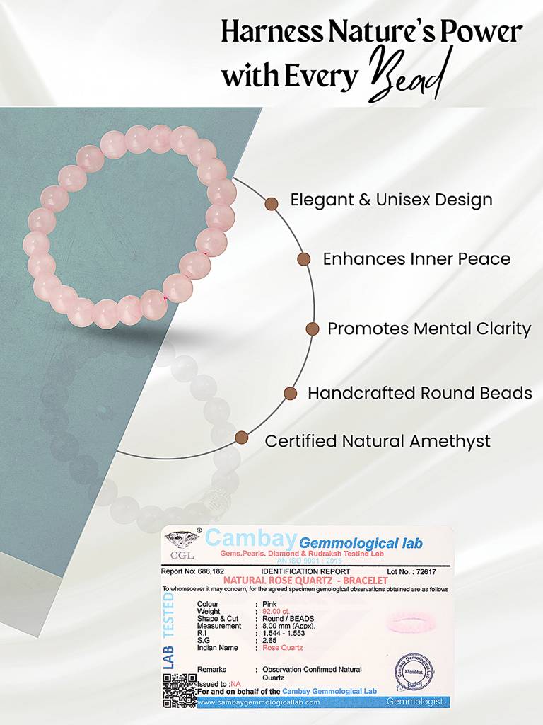Rose Quartz Crystal Bracelet For Love & Positive Energy : STBR8226