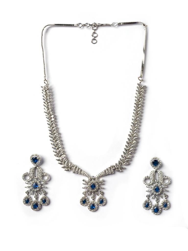 Princess Style Flower Ad Necklace Set With Long Earrings Set For Women/Girls - Wedding Jewelry/Party & Festival Ac : AD137BLUE