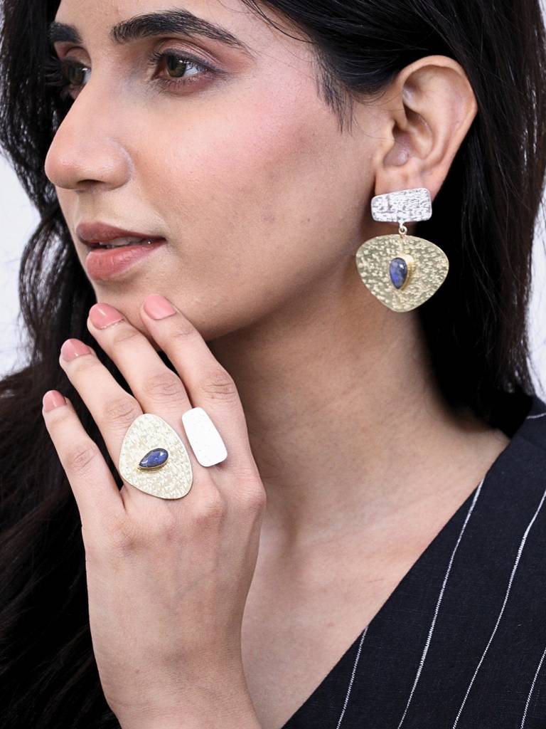 Arushi Dual Tone Adjustable Brass Ring 18K Gold Plated Handmade : BJV064