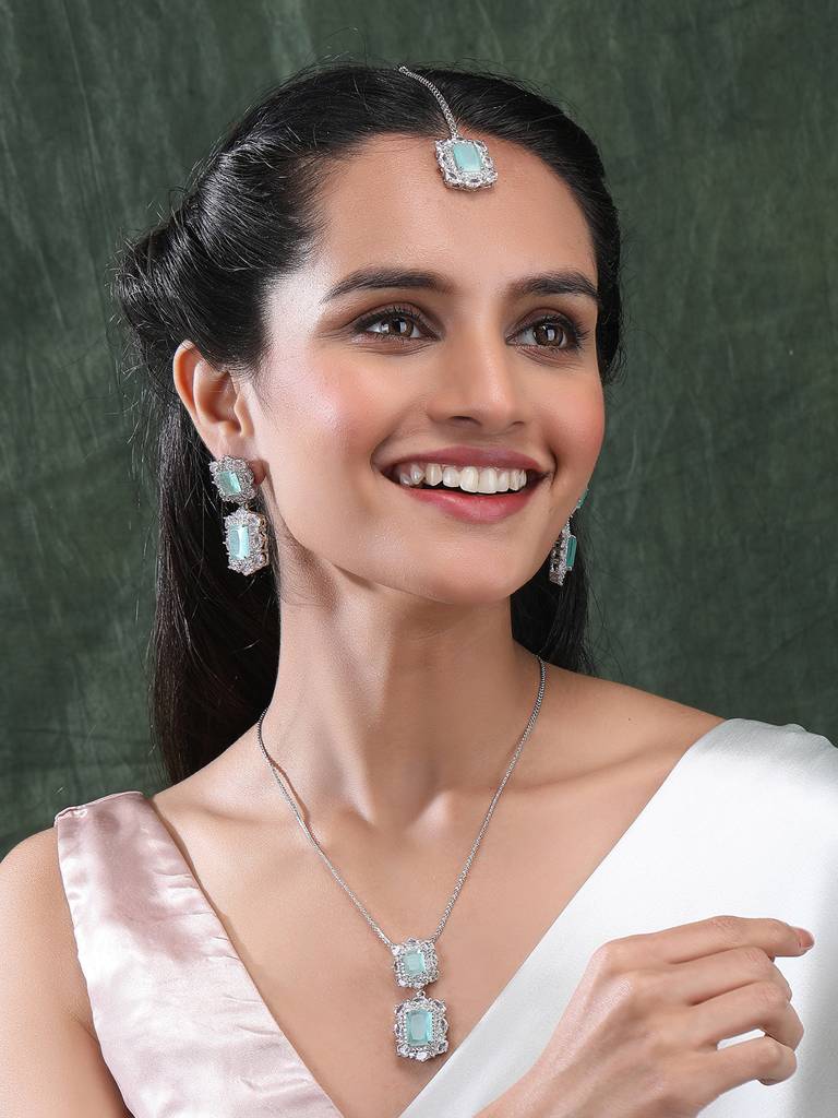 Silver Plated Square Cz Big Pendant Set With Earrings And Maangtika : Pendant03Mint