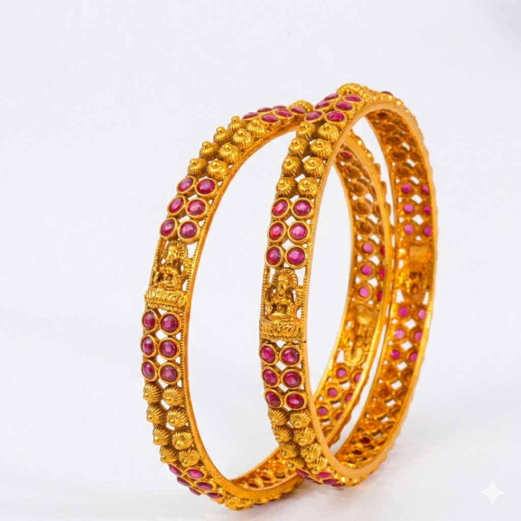 Antique Lakshmi Ruby Sunburst Cutwork Paired Bangle | 1 Gram Gold-Plated : V-2484