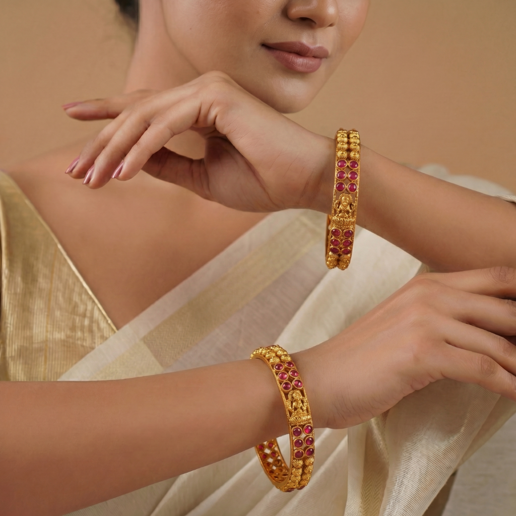 Antique Lakshmi Ruby Sunburst Cutwork Paired Bangle | 1 Gram Gold-Plated : V-2484