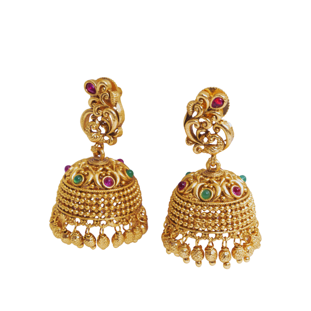South Indian Temple Jewellery Antique Gold Jhumka Earrings With Ruby Stones : R-1162
