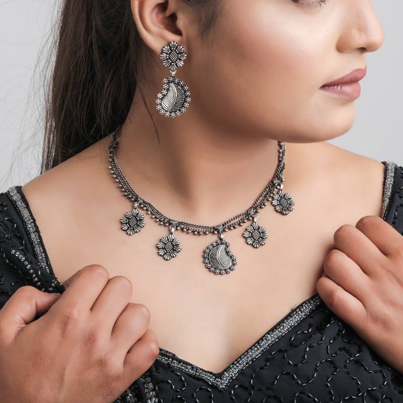 925 Pure Silver Antique Necklace | Silver Choker Necklace With Drop Earrings : NL1017A