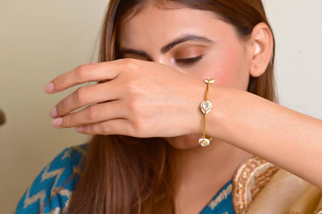 925 Sterling Silver Traditional Bangle With Crystal Polki-3759 : 3759